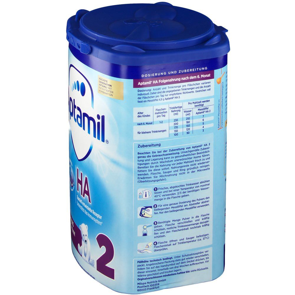 Aptamil HA 2-Milchpulverdose. Rückseite mit Dosierungs- und Zubereitungshinweisen. Illustrationen und Text in deutscher Sprache.