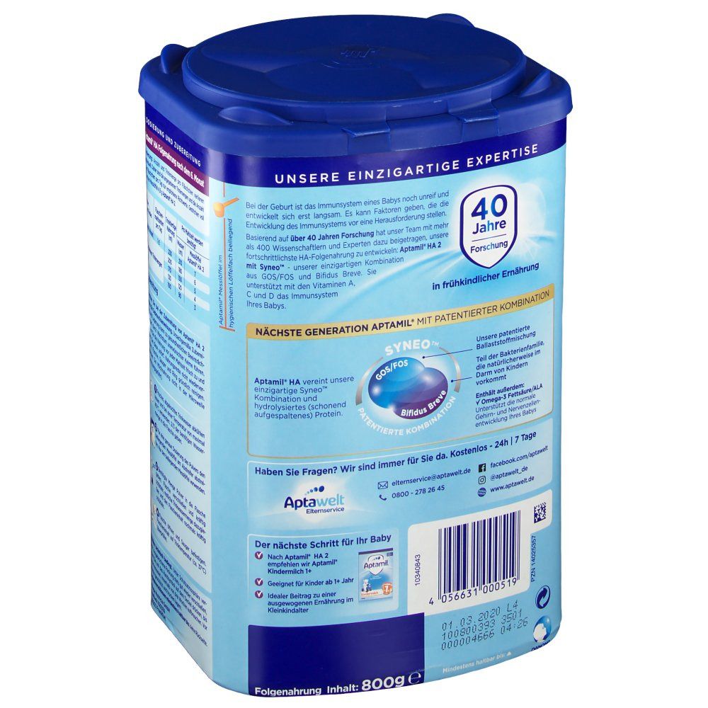 Aptamil HA 2-Milchpulverdose. Rückseite mit Informationen zur Zusammensetzung und dem SYNEO-Konzept. Text in deutscher Sprache.