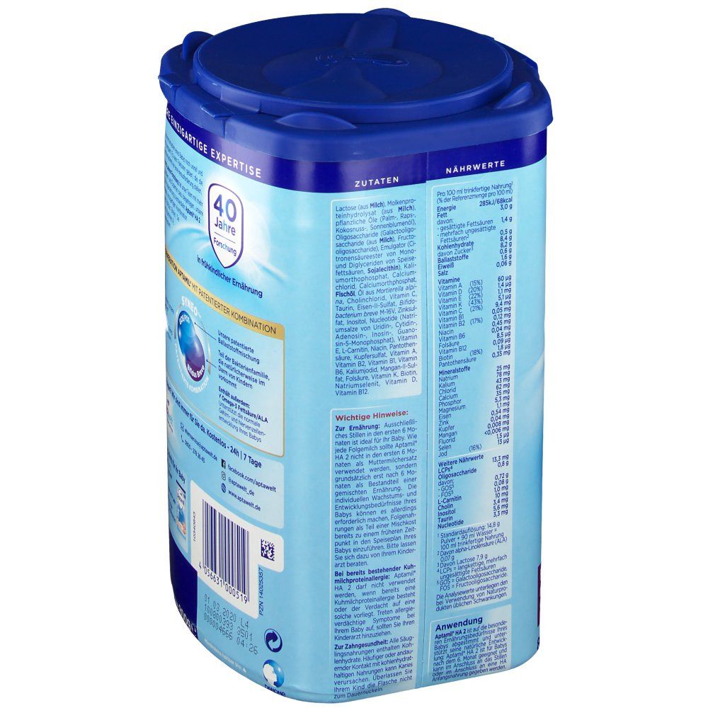 Aptamil HA 2-Milchpulverdose. Rückseite mit Nährwertangaben und Zutatenliste. Text in deutscher Sprache.
