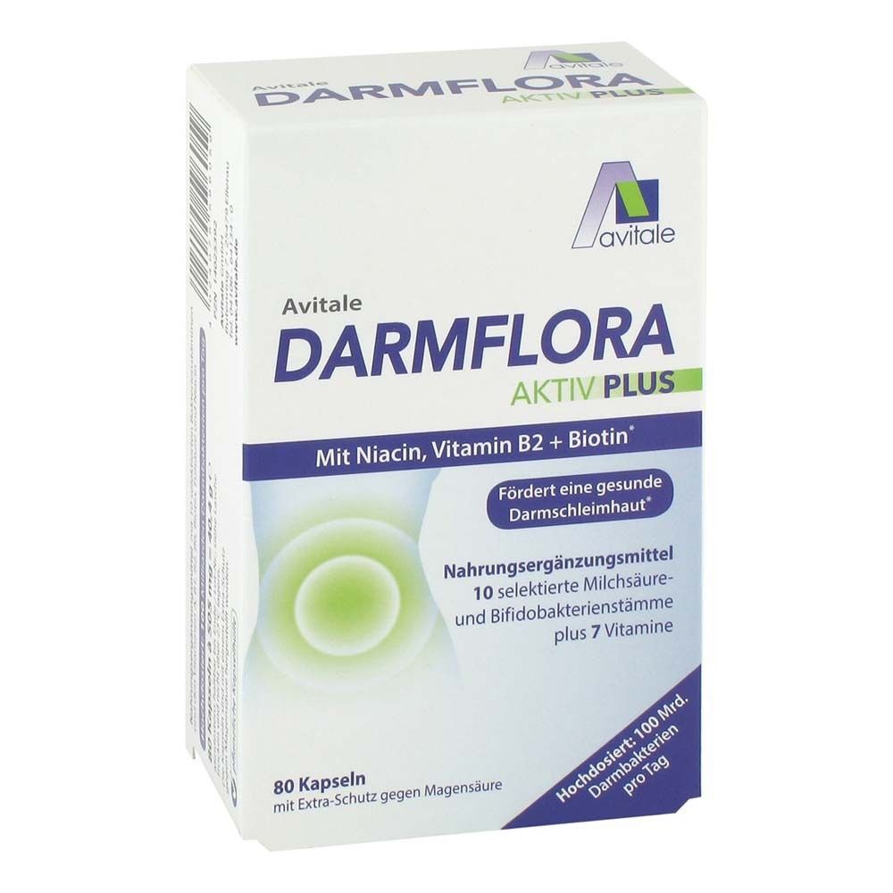 Avitale Darmflora Aktiv Plus. Weiße Schachtel mit Produktinformationen und Logo.