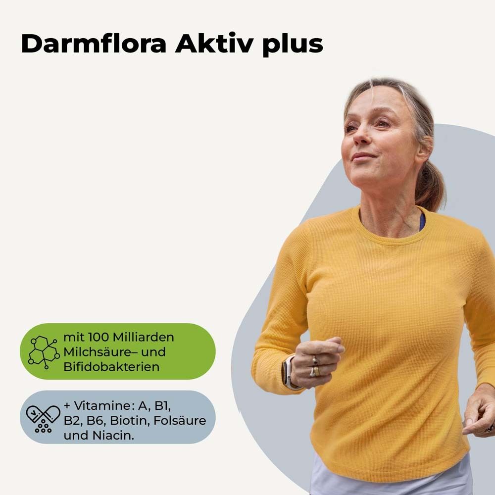 Frau joggt. Text: Darmflora Aktiv plus, 100 Milliarden Milchsäure- und Bifidobakterien.