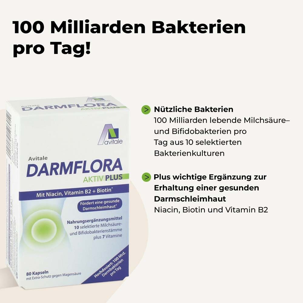 Text: 100 Milliarden Bakterien pro Tag! Produktabbildung: Avitale Darmflora Aktiv Plus.