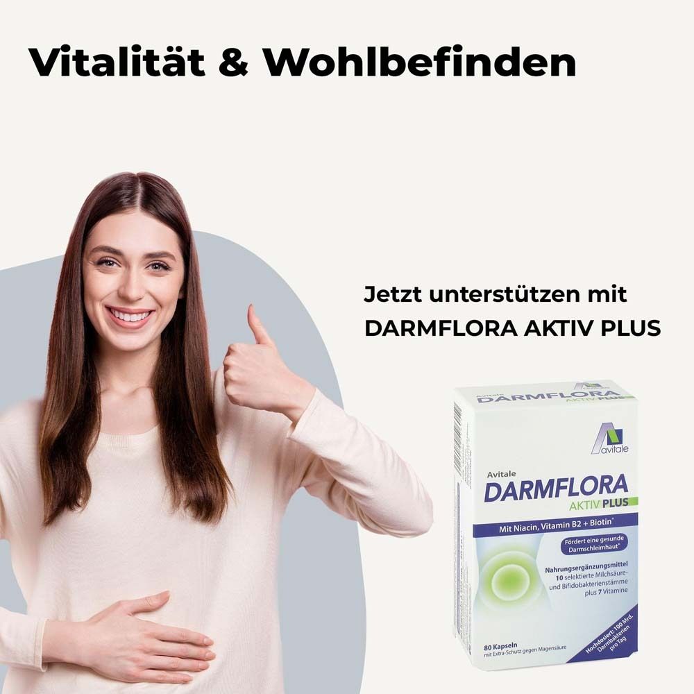 Frau mit Daumen hoch. Produktabbildung: Avitale Darmflora Aktiv Plus. Text: Vitalität & Wohlbefinden.