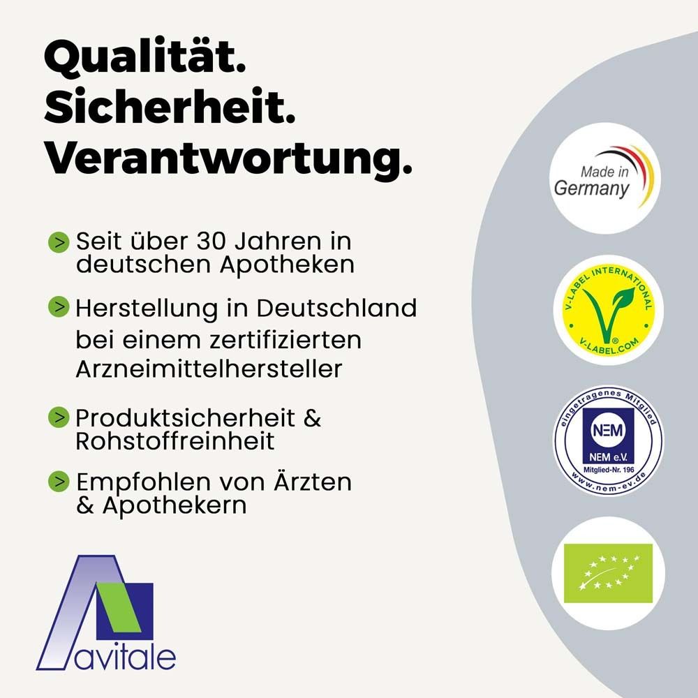 Qualität, Sicherheit, Verantwortung. Zertifizierungen und Logo von Avitale.