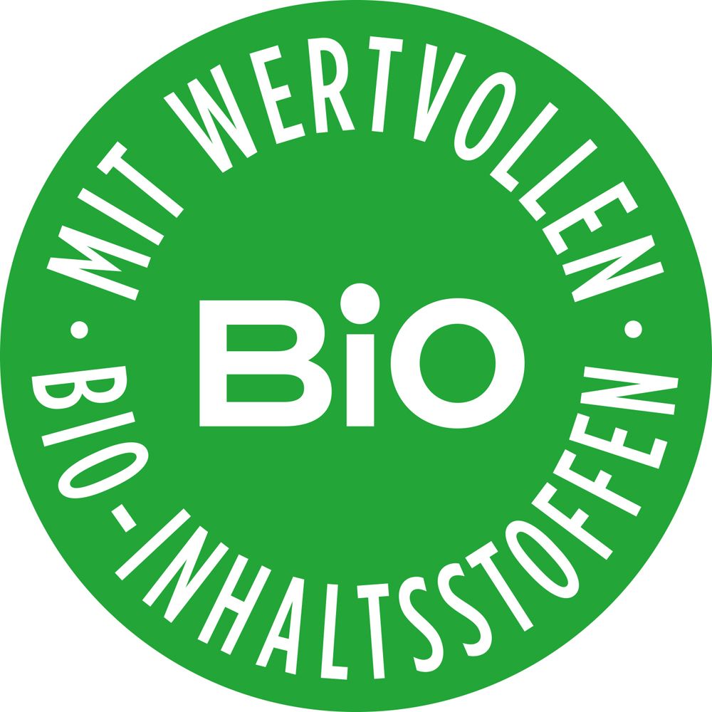 Grünes Bio-Siegel. Text: Mit wertvollen Bio-Inhaltsstoffen.