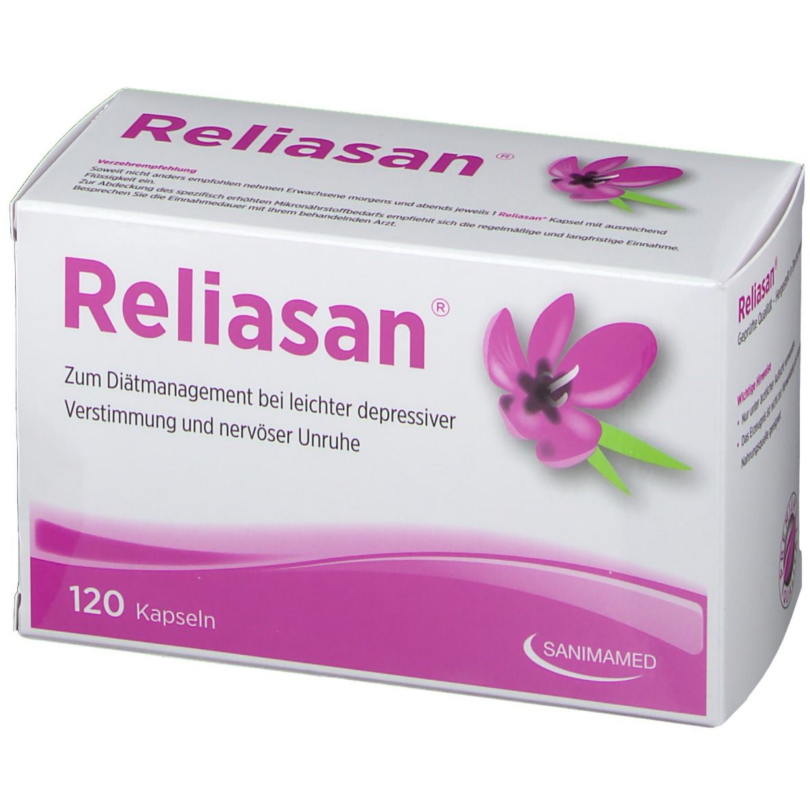 Weiß-rosa Schachtel "Reliasan" mit floralem Design. 120 Kapseln. Sanimamed-Logo.