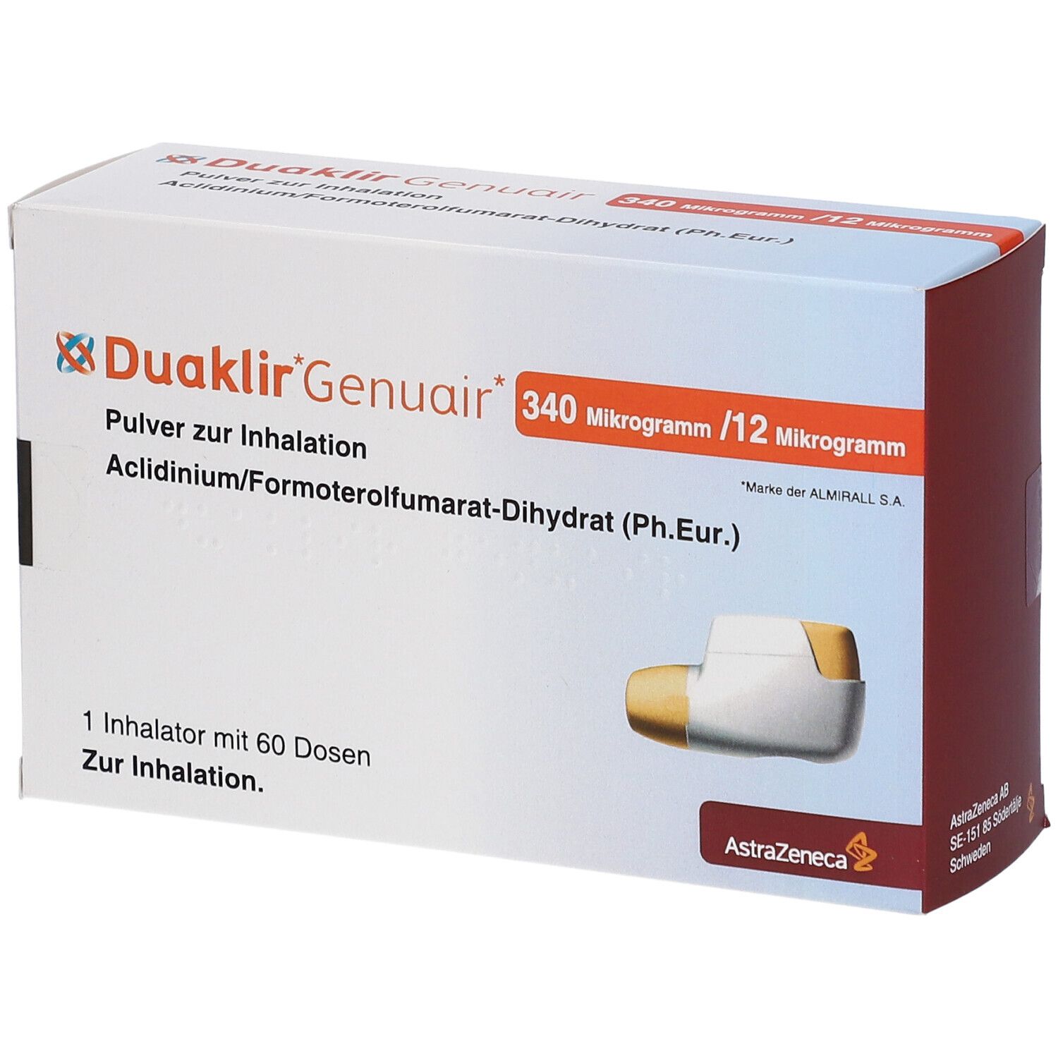 Schachtel mit Duaklir Genuair, Inhalationspulver. Enthält 340 Mikrogramm/12 Mikrogramm. Inhalator abgebildet.