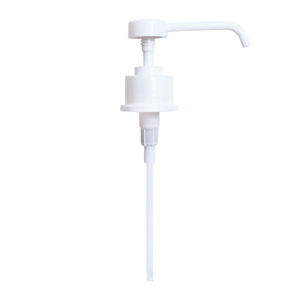 Weiße Pumpe mit langem Auslauf. Besteht aus Pumpenkopf, Auslauf und langem Schlauch. Auf weißem Hintergrund.