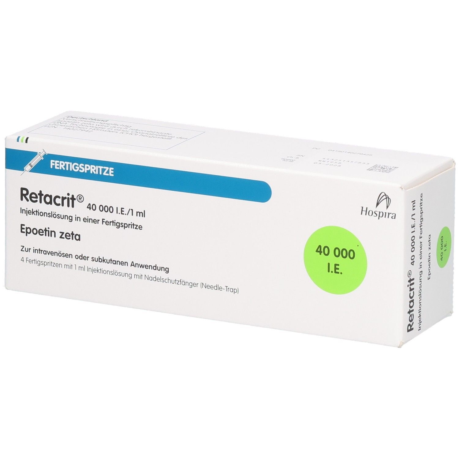 Weiße Verpackung mit blauer und grüner Beschriftung. Aufschrift: Retacrit 40.000 I.E./1 ml, Fertigspritze. Logo von Hospira.