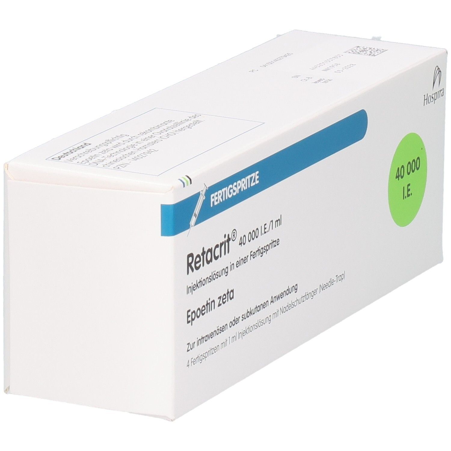 Weiße Verpackung mit blauer und grüner Beschriftung. Aufschrift: Retacrit 40.000 I.E./1 ml, Fertigspritze. Logo von Hospira.