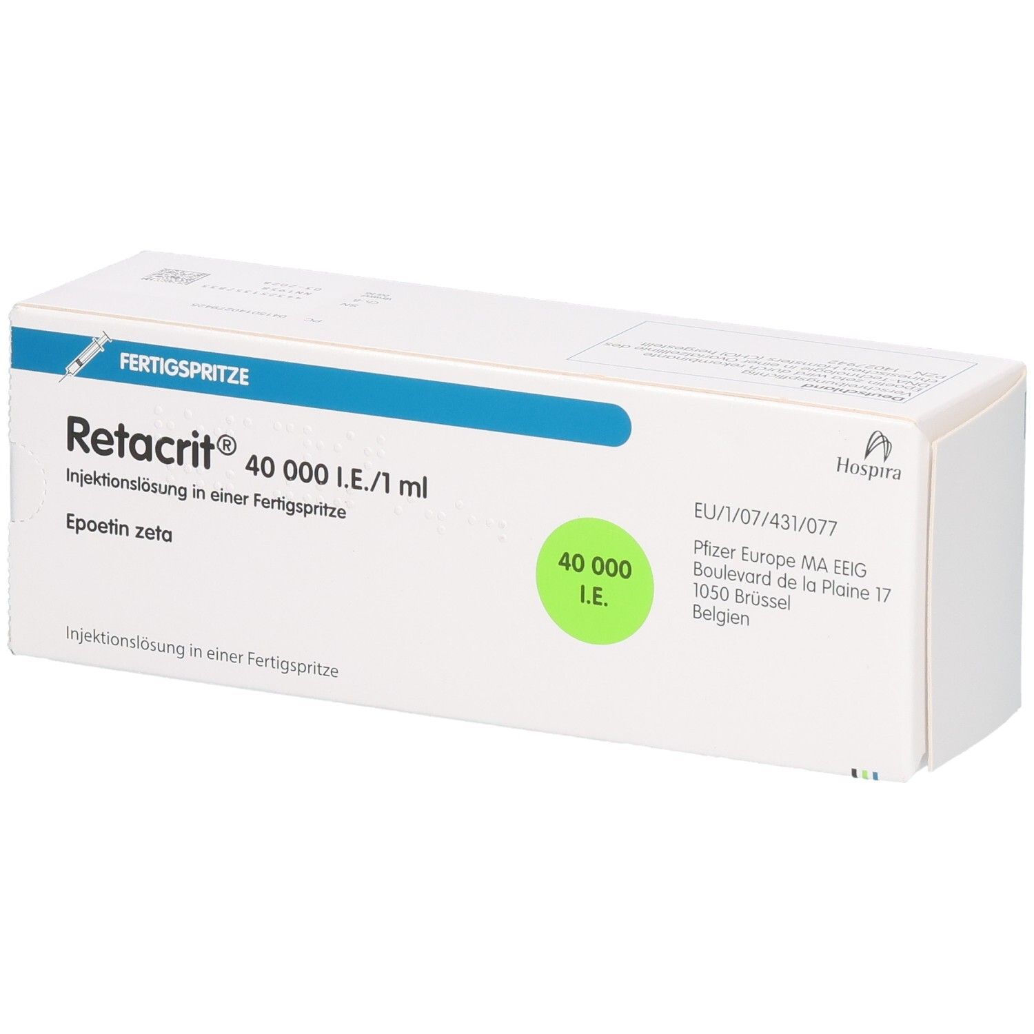 Weiße Verpackung mit blauer und grüner Beschriftung. Aufschrift: Retacrit 40.000 I.E./1 ml, Fertigspritze. Logo von Hospira.