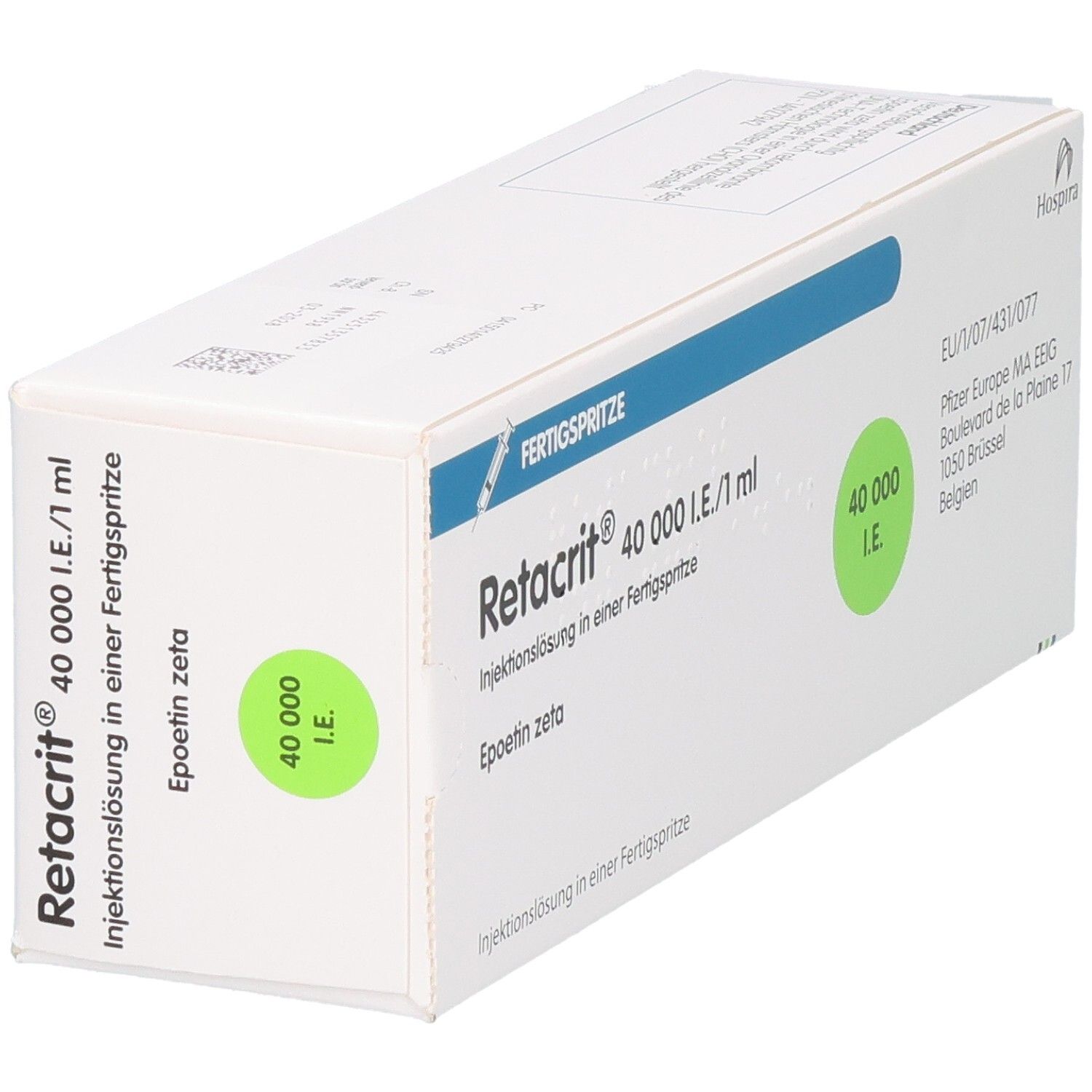 Weiße Verpackung mit blauer und grüner Beschriftung. Aufschrift: Retacrit 40.000 I.E./1 ml, Fertigspritze. Logo von Hospira.