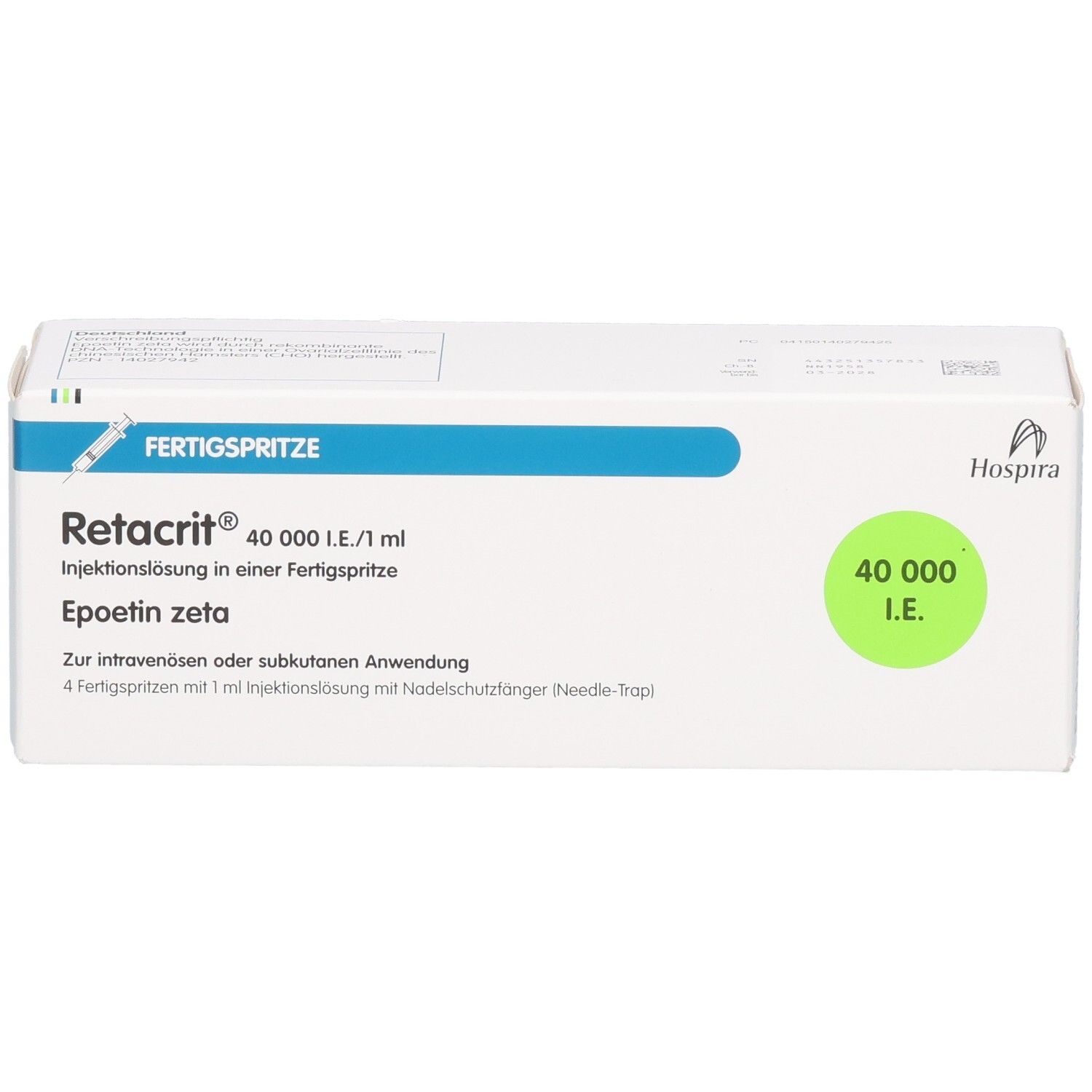 Weiße Verpackung mit blauer und grüner Beschriftung. Aufschrift: Retacrit 40.000 I.E./1 ml, Fertigspritze. Logo von Hospira.