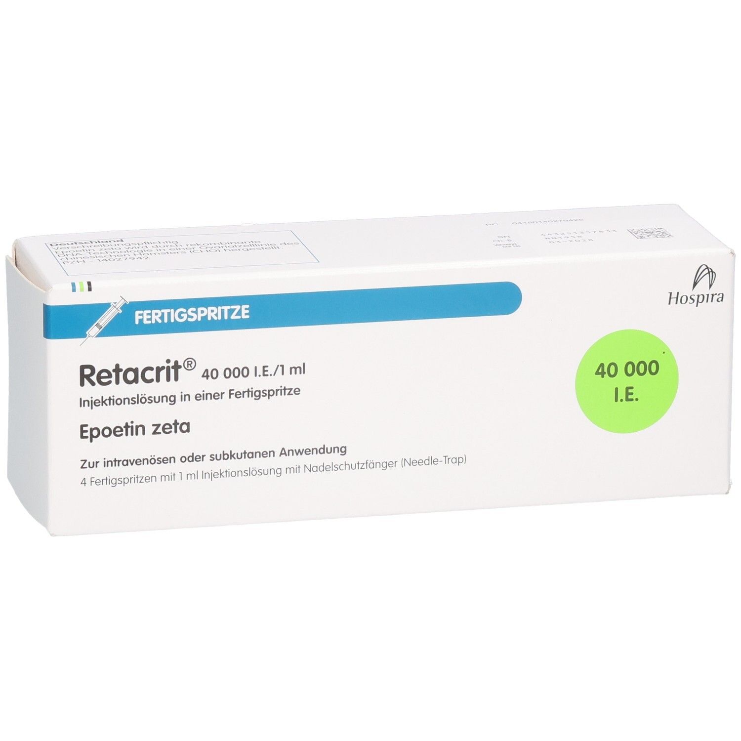 Weiße Verpackung mit blauer und grüner Beschriftung. Aufschrift: Retacrit 40.000 I.E./1 ml, Fertigspritze. Logo von Hospira.