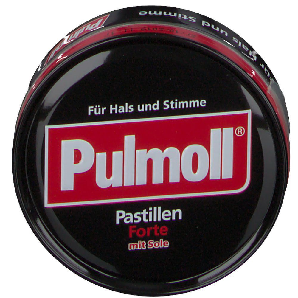 Runde, schwarze Dose mit rotem Deckel. "Pullmoll"-Logo und Schriftzug "Für Hals und Stimme".