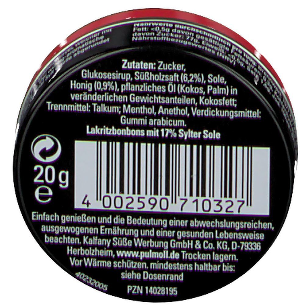 Schwarze Dose mit Zutatenliste und Barcode. Enthält 20g. Text: "Lakritzbonbons mit 17% Sylter Sole".