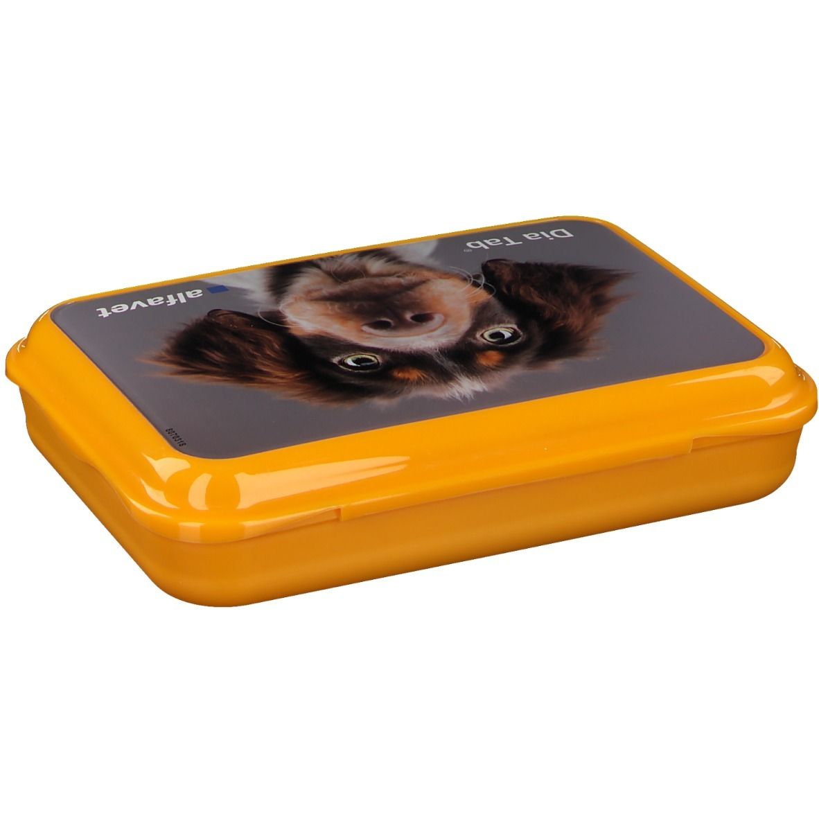 Gelbe Tablettenbox mit Hundebild. Aufschrift Dia Tab und alfavet.