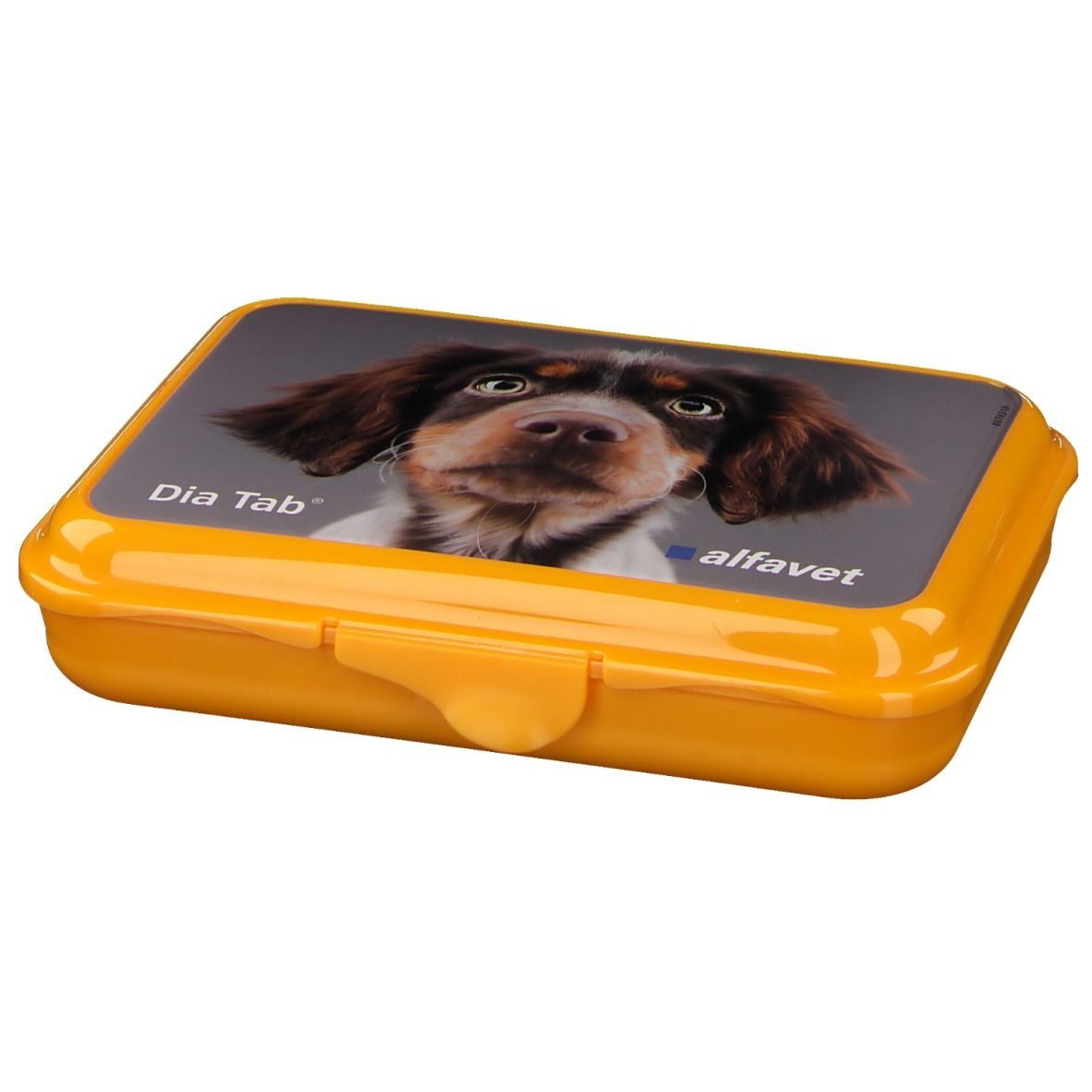 Gelbe Tablettenbox mit Hundebild. Aufschrift Dia Tab und alfavet.