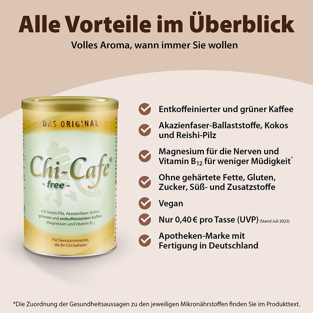 Chi-Cafe free entkoffeiniert – grüner Kaffee Akazienfaser Kokos Reishi Ginseng