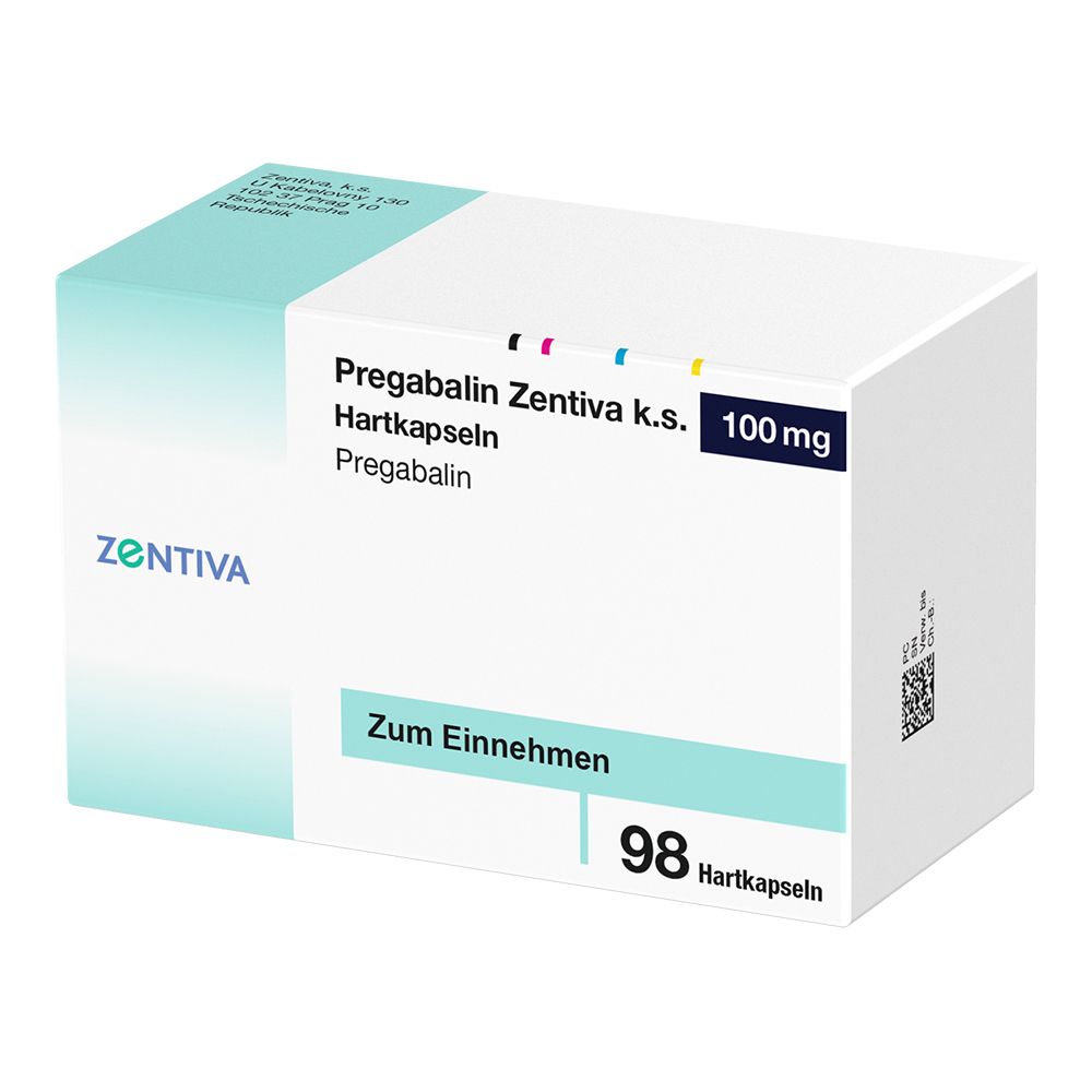 Packung Pregabalin Zentiva k.s. 100 mg, 98 Hartkapseln. Weiß-türkis-farbener Karton mit Produktinformationen und Logo.