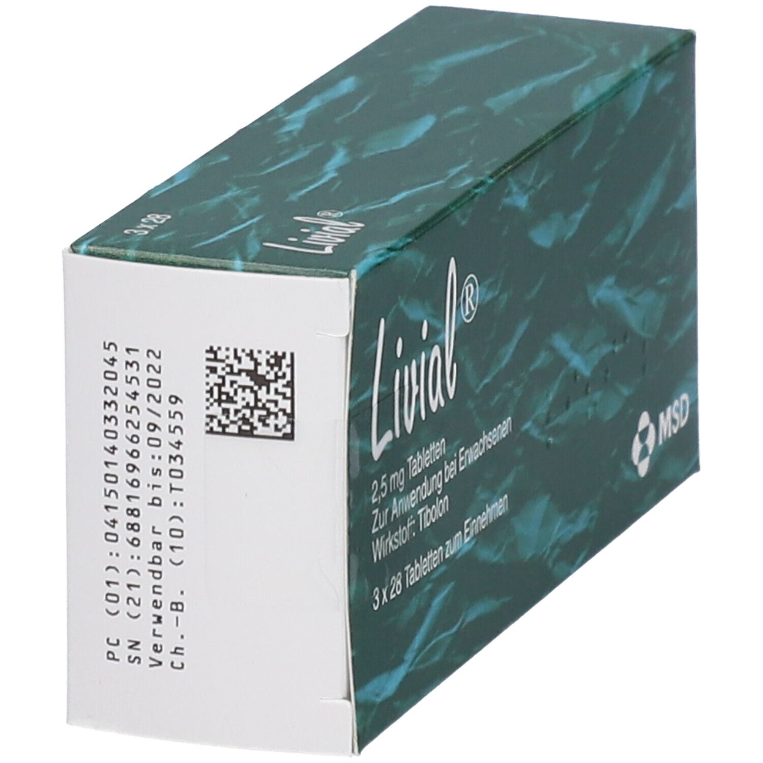 Seitenansicht der grünen LIVIAL-Verpackung. Enthält Informationen wie Chargennummer und Verfallsdatum.