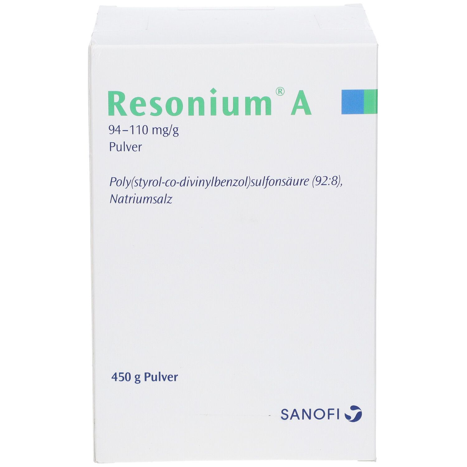 Weiße Schachtel mit RESONIUM A-Aufdruck. Enthält 450 g Pulver. Sanofi-Logo unten rechts.
