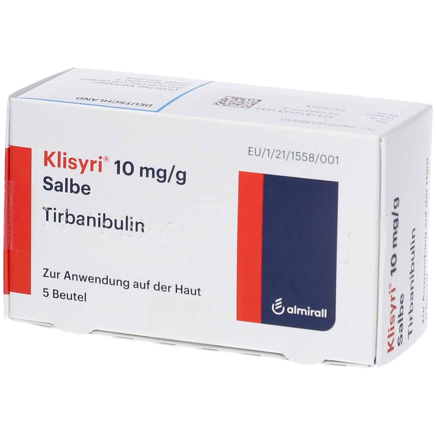 Karton mit Produktinformationen. Aufschrift: Klisyri 10 mg/g Salbe, Tirbanibulin. Enthält 5 Beutel. Rote und blaue Akzente.