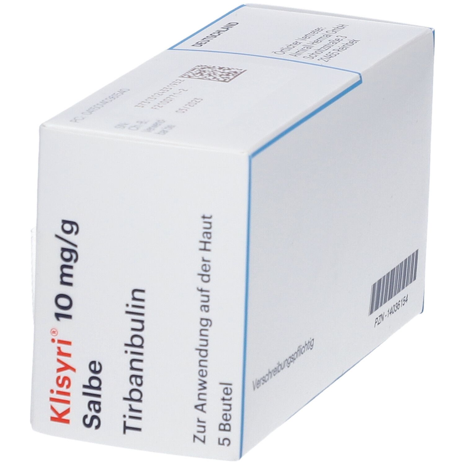 Schräg gestellte Produktverpackung. Aufschrift: Klisyri 10 mg/g Salbe, Tirbanibulin. Barcode und Text: Verschreibungspflichtig.