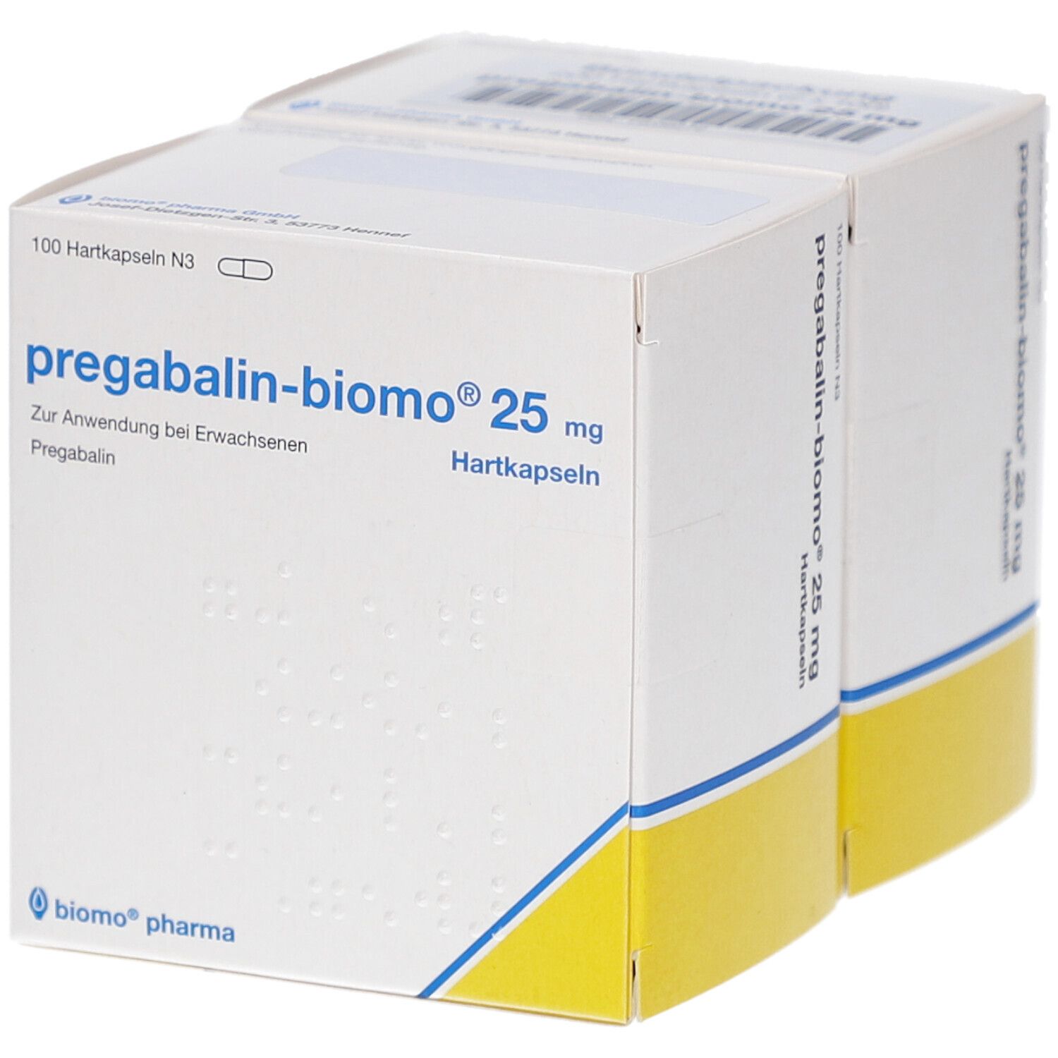 Packung pregabalin-biomo® 25 mg. Weiße Schachtel mit blauen und gelben Akzenten. Text: 100 Hartkapseln N3.