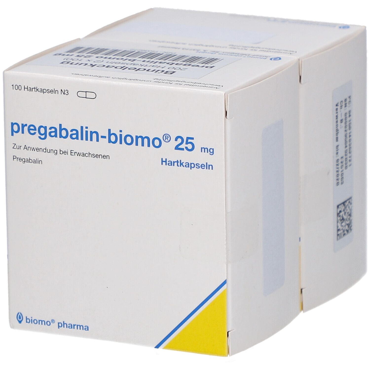 Packung pregabalin-biomo® 25 mg. Weiße Schachtel mit blauen und gelben Akzenten. Text: 100 Hartkapseln N3.