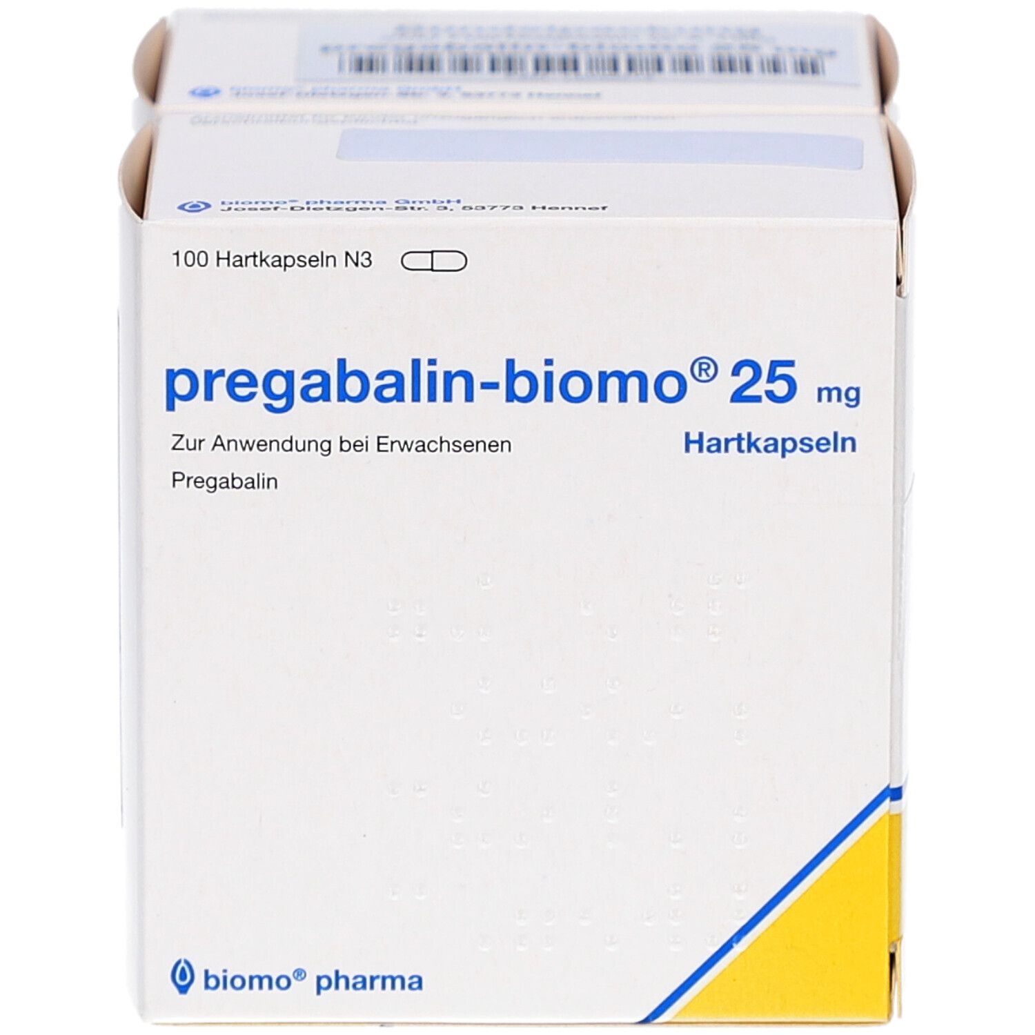 Packung pregabalin-biomo® 25 mg. Weiße Schachtel mit blauen und gelben Akzenten. Text: 100 Hartkapseln N3.