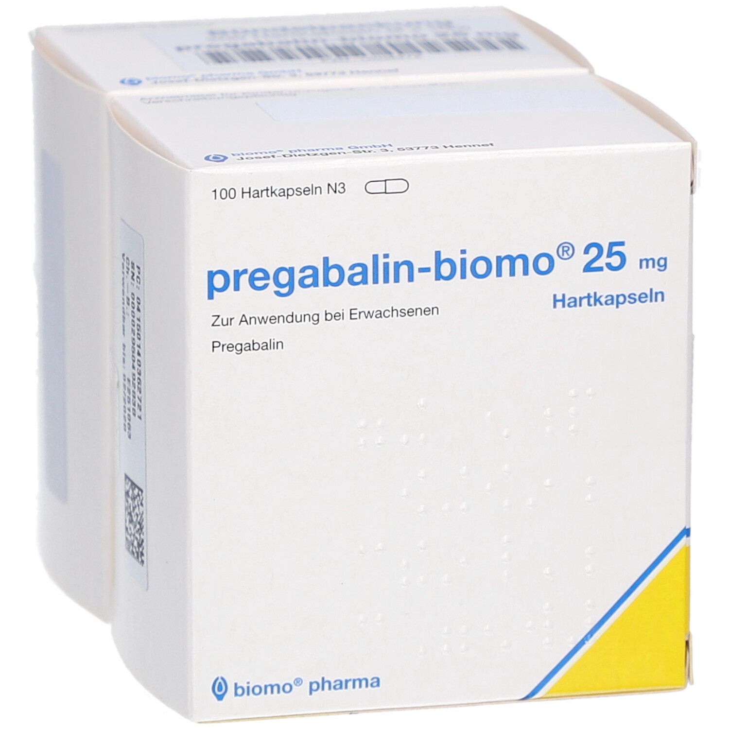 Packung pregabalin-biomo® 25 mg. Weiße Schachtel mit blauen und gelben Akzenten. Text: 100 Hartkapseln N3.