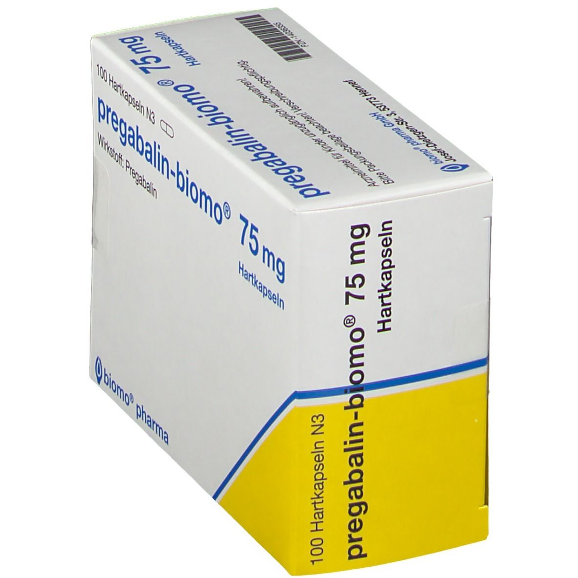 Schachtel mit pregabalin-biomo® 75 mg Hartkapseln. Aufschrift: 100 Hartkapseln N3, Wirkstoff Pregabalin. Perspektivische Ansicht.