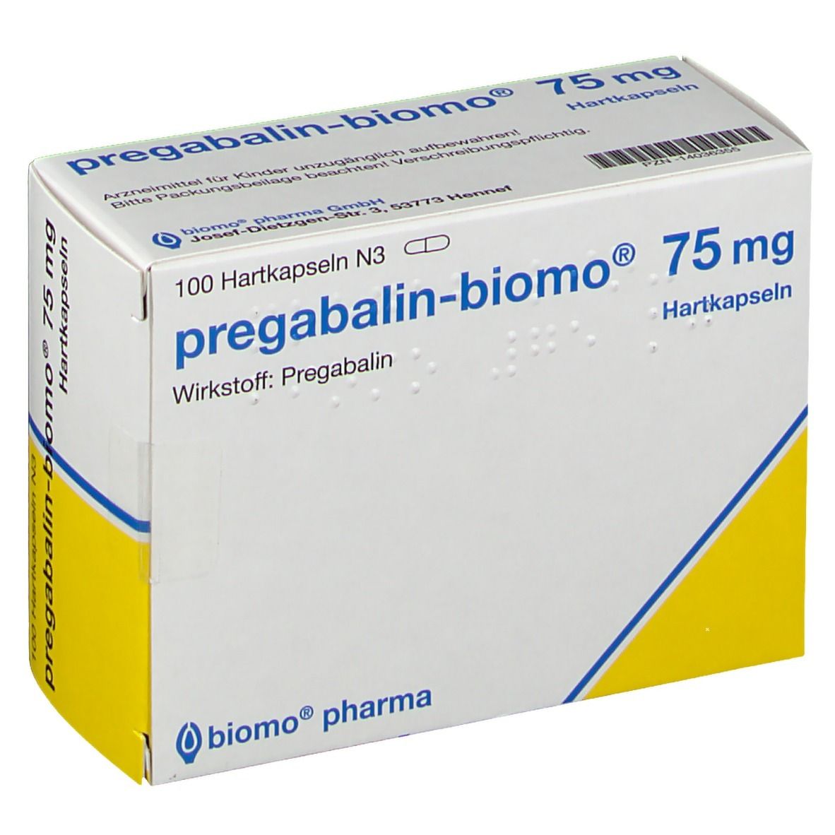 Schachtel mit pregabalin-biomo® 75 mg Hartkapseln. Aufschrift: 100 Hartkapseln N3, Wirkstoff Pregabalin. Draufsicht.