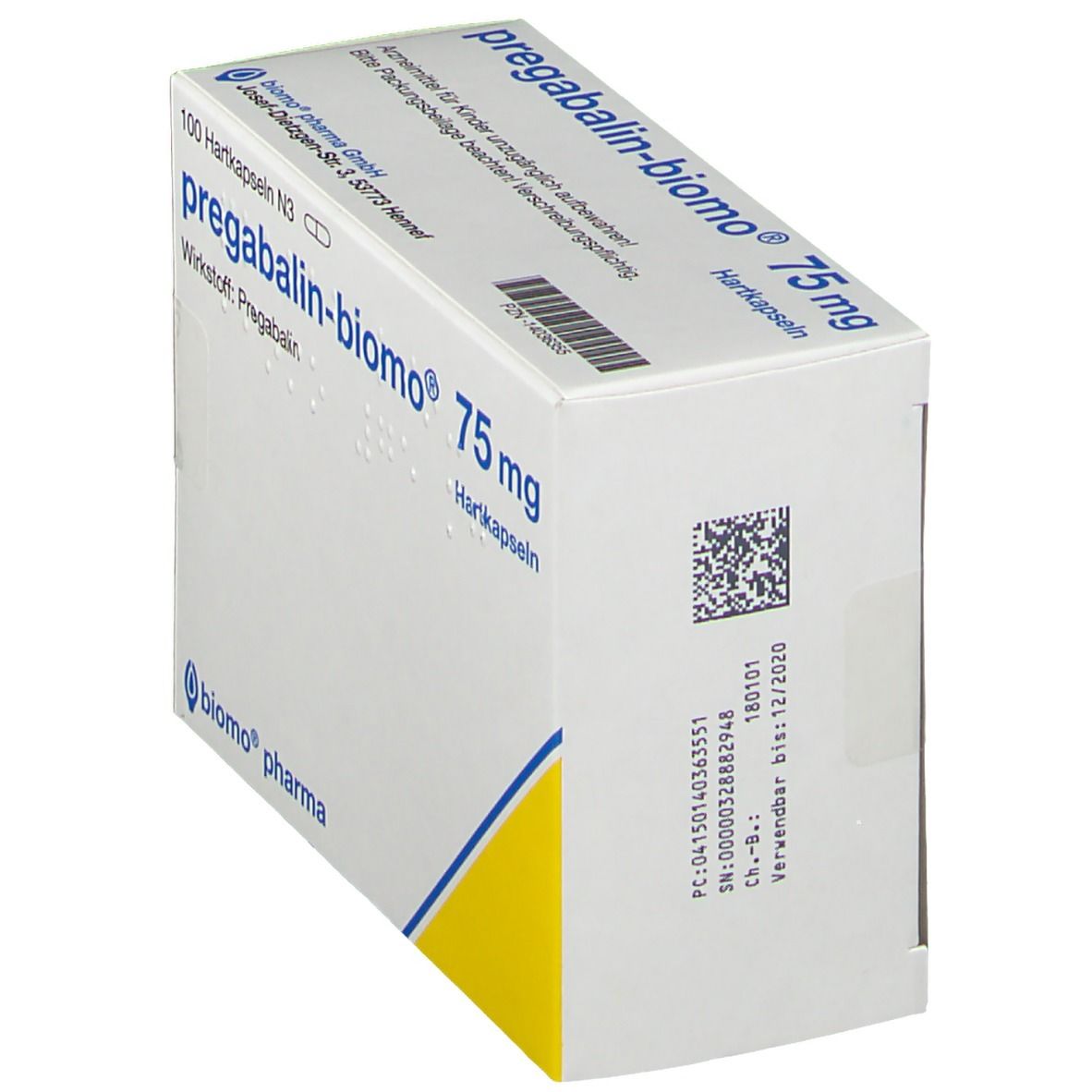 Schachtel mit pregabalin-biomo® 75 mg Hartkapseln. Aufschrift: 100 Hartkapseln N3, Wirkstoff Pregabalin. Mit Barcode und QR-Code.
