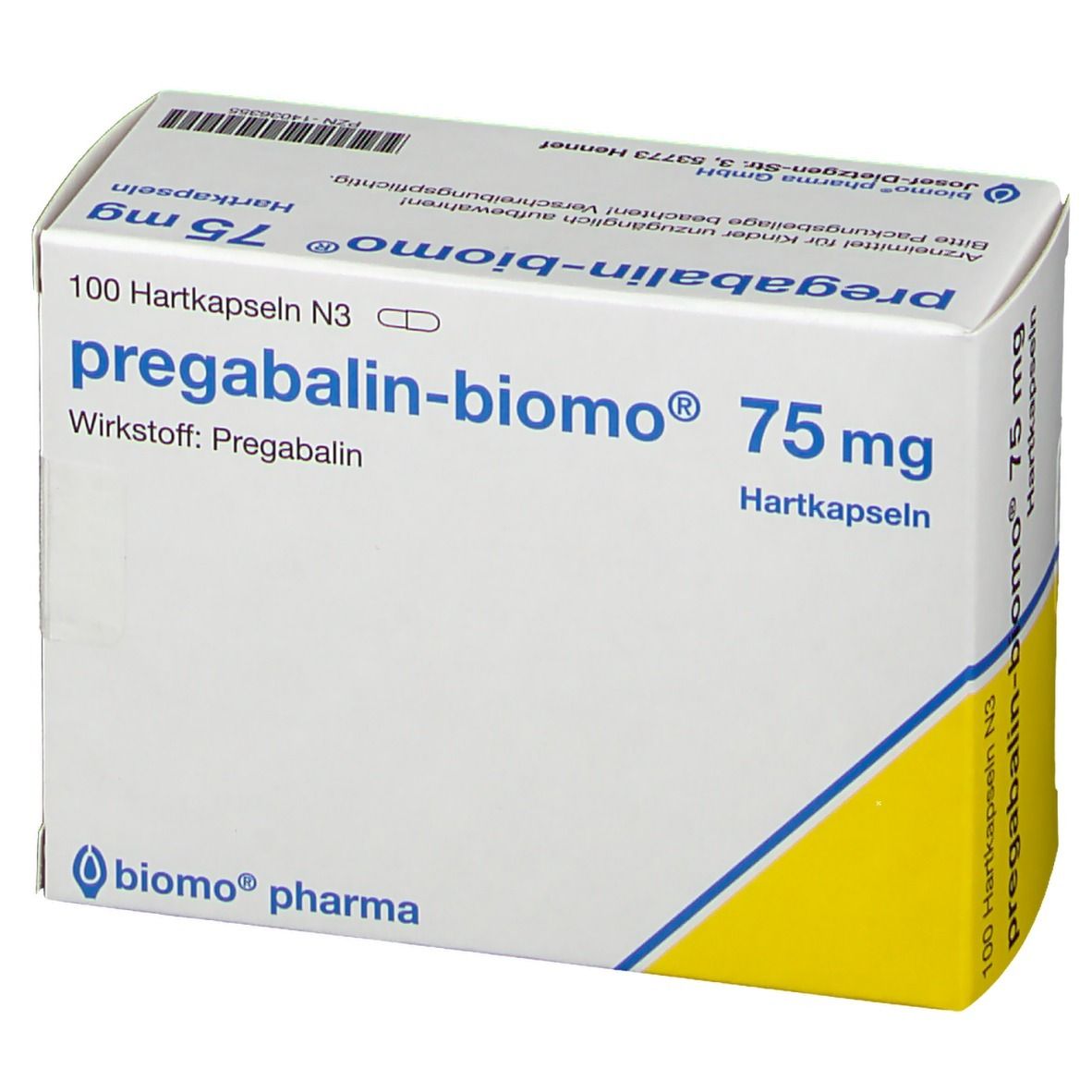 Schachtel mit pregabalin-biomo® 75 mg Hartkapseln. Aufschrift: 100 Hartkapseln N3, Wirkstoff Pregabalin. Perspektivische Ansicht.