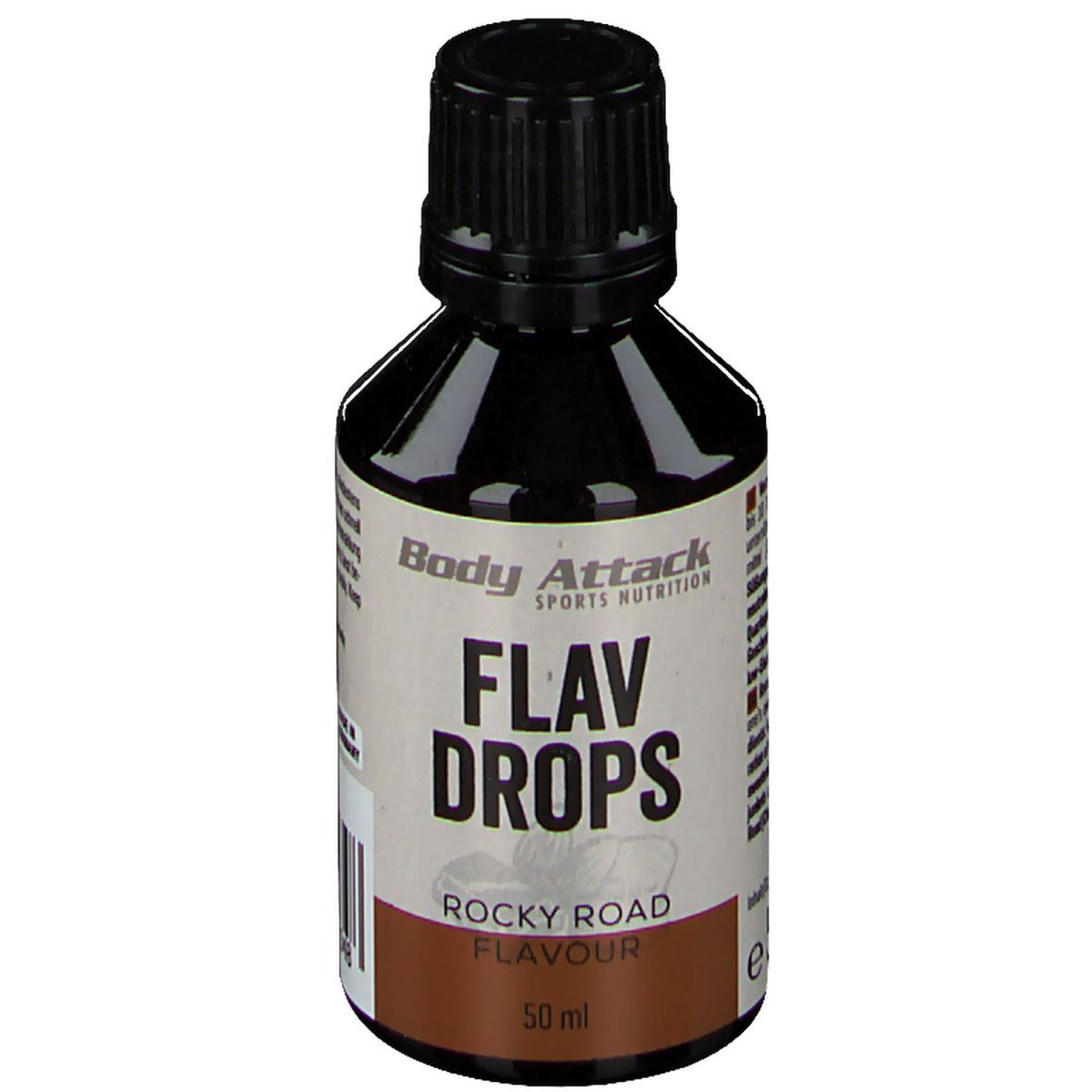 Braune Flasche mit schwarzem Deckel. Aufschrift: Body Attack, Flav Drops, Rocky Road Flavour, 50 ml.