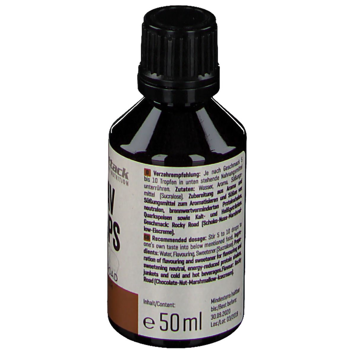 Braune Flasche mit schwarzem Deckel. Text auf Etikett mit Inhaltsangaben und Dosierungsempfehlung. 50 ml.