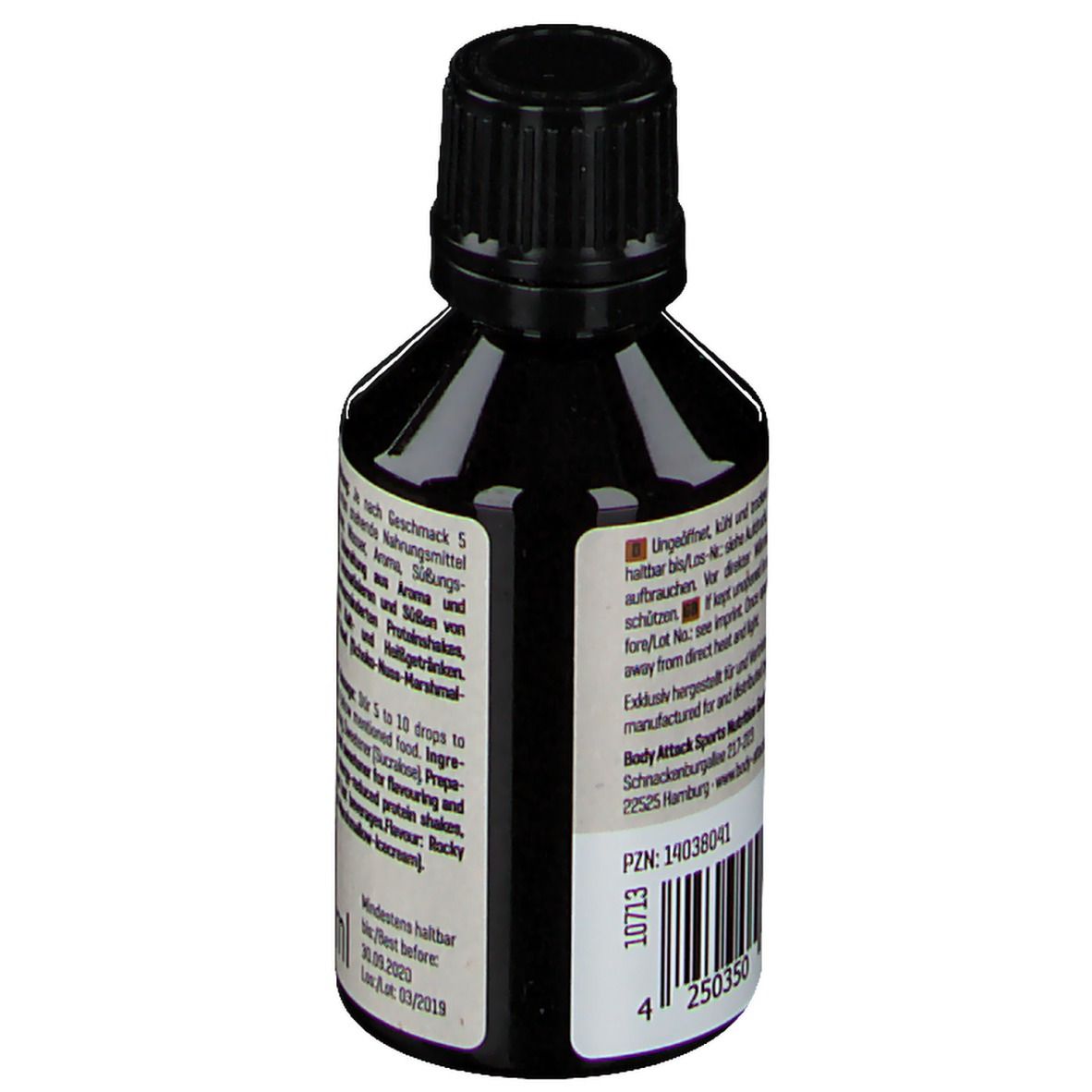 Braune Flasche mit schwarzem Deckel. Rückseite mit Text, Herstellerangaben und Chargennummer. 50 ml.