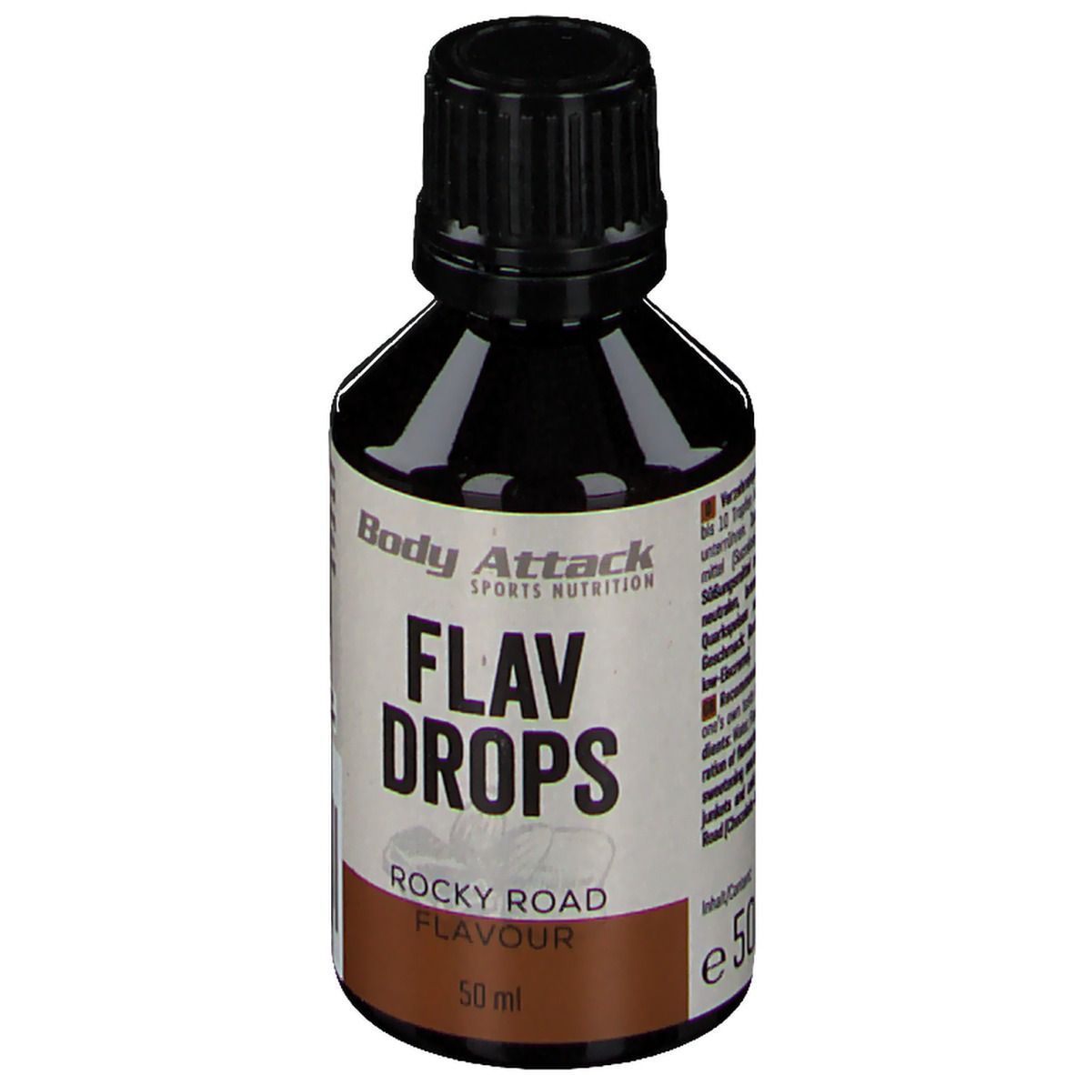 Braune Flasche mit schwarzem Deckel. Aufschrift: Body Attack, Flav Drops, Rocky Road Flavour, 50 ml. Etikett.
