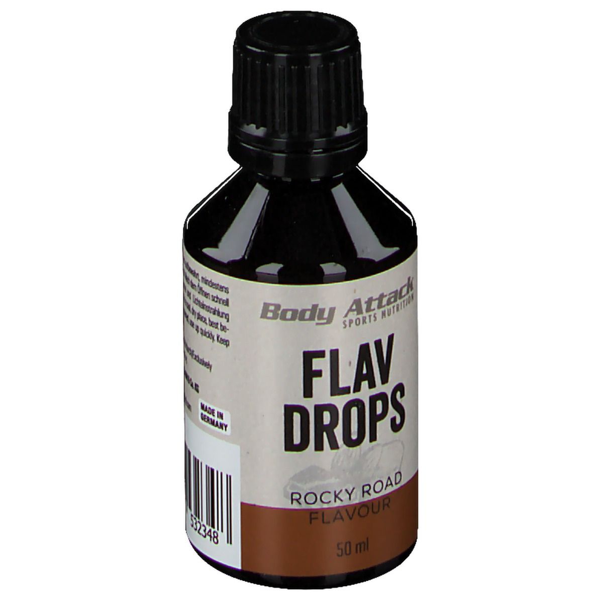 Braune Flasche mit schwarzem Deckel. Aufschrift: Body Attack, Flav Drops, Rocky Road Flavour, 50 ml. Etikett.