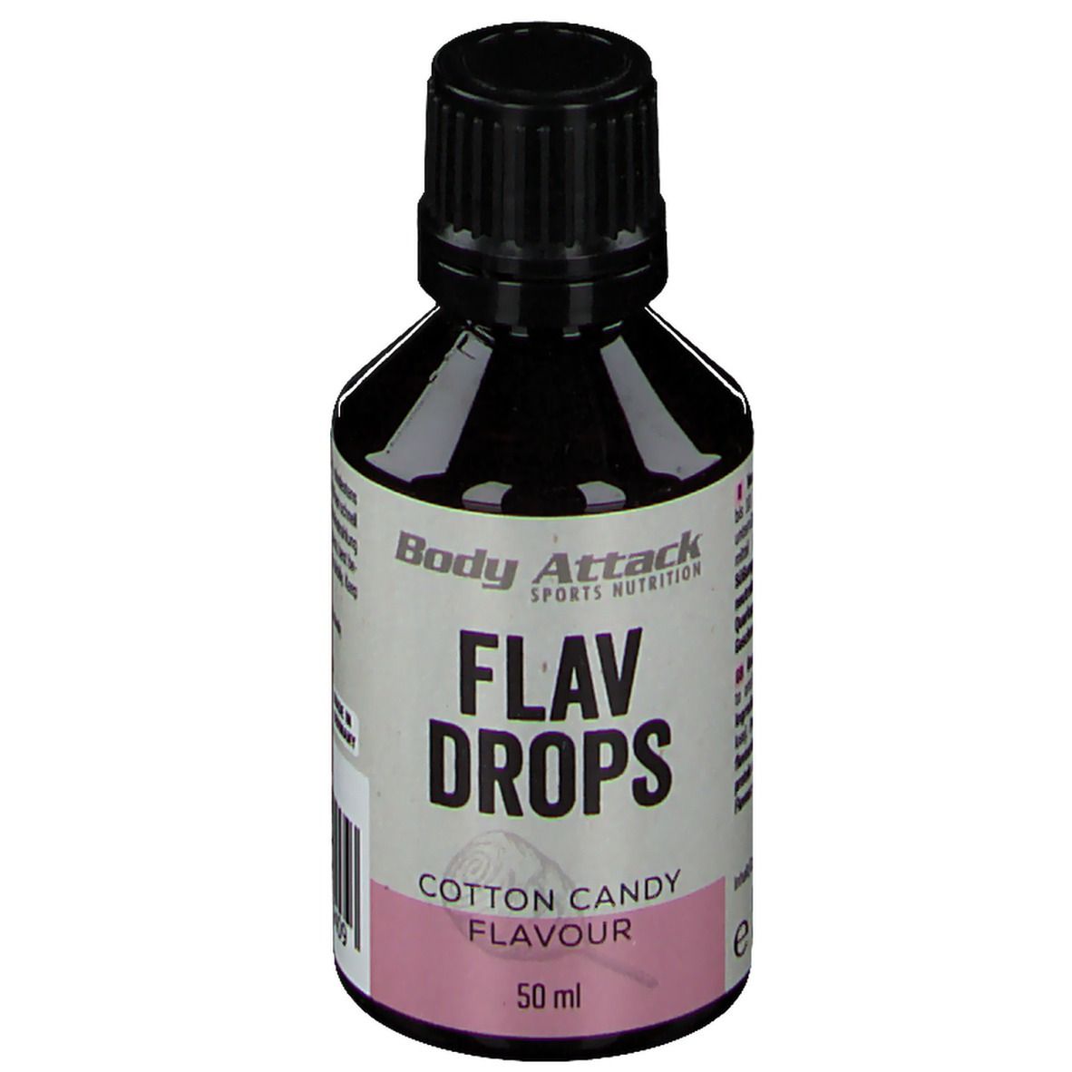 Flav Drops Cotton Candy. Flasche mit schwarzem Deckel. Aufschrift: Body Attack, Flav Drops, Cotton Candy Flavour, 50 ml.
