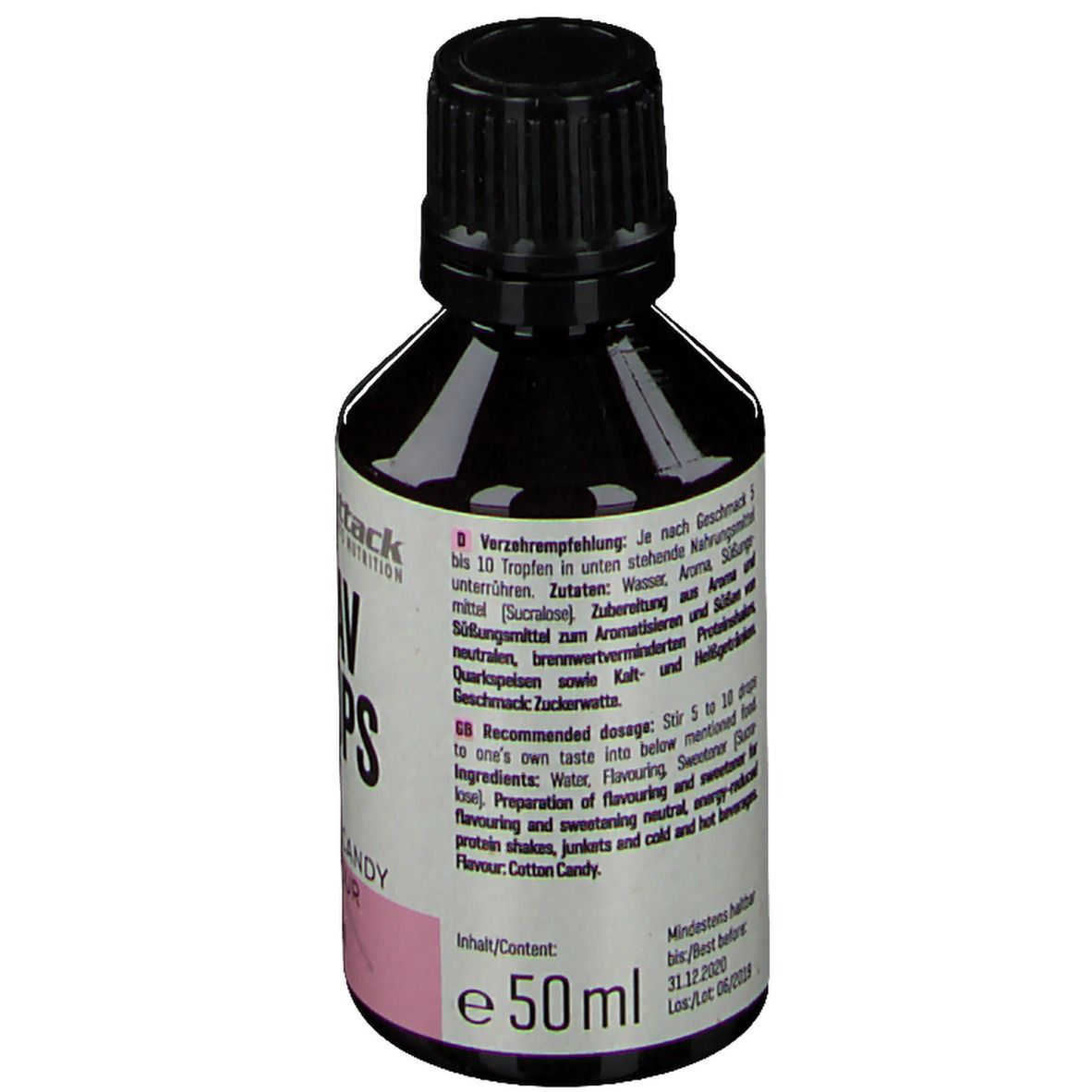 Flav Drops Cotton Candy. Rückseite der Flasche. Text: Verzehrempfehlung, Zutaten, Inhalt, Mindestens haltbar bis. 50 ml.