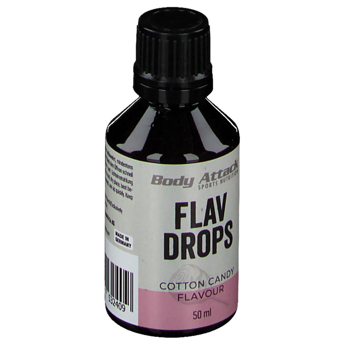 Flav Drops Cotton Candy. Flasche mit schwarzem Deckel. Aufschrift: Body Attack, Flav Drops, Cotton Candy Flavour, 50 ml. Barcode.