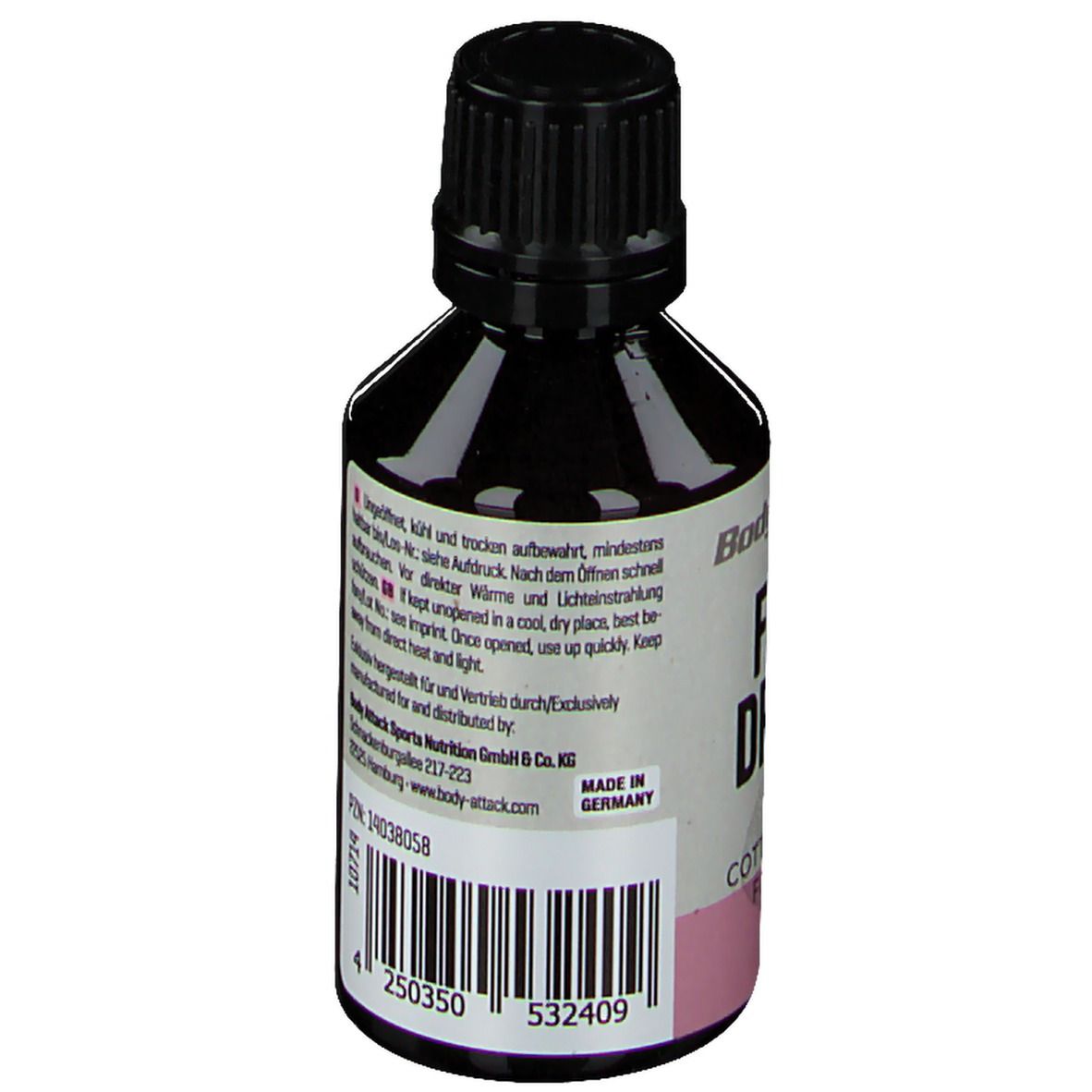 Flav Drops Cotton Candy. Rückseite der Flasche. Text: Mindestens haltbar bis, Made in Germany, Barcode, Hersteller.