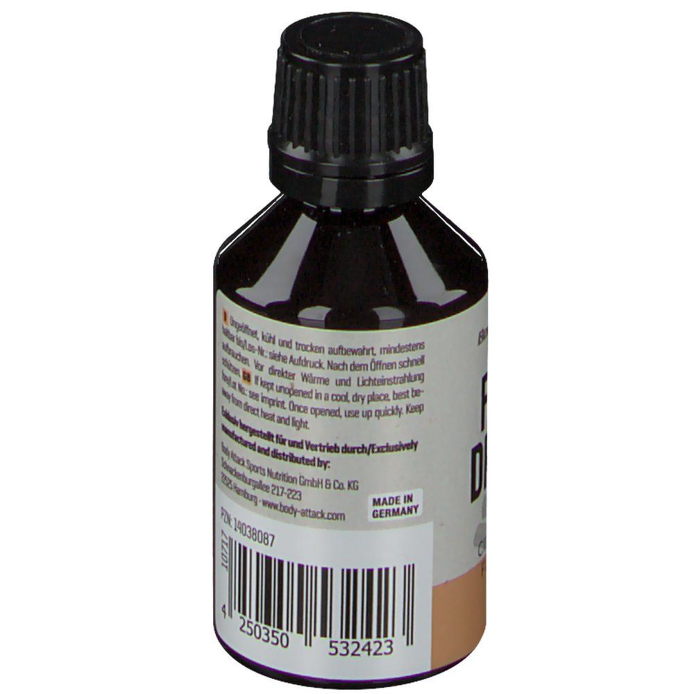 Braune Flasche mit schwarzem Deckel. Text über Lagerung und Herstellerinformationen. Barcode und Made in Germany.