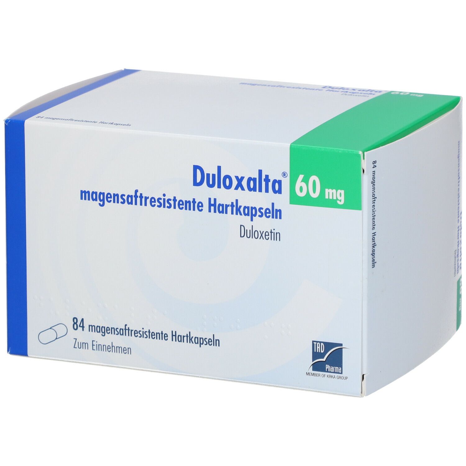 Weiße Schachtel mit blauen und grünen Akzenten. Aufschrift: Duloxalta 60 mg, magensaftresistente Hartkapseln. Enthält 84 Kapseln.