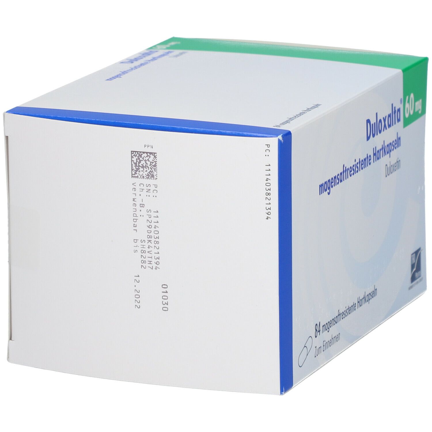 Weiße Schachtel, Seitenansicht. Aufdruck mit Produktinformationen und Barcode. Enthält Informationen zur Haltbarkeit und Chargennummer.