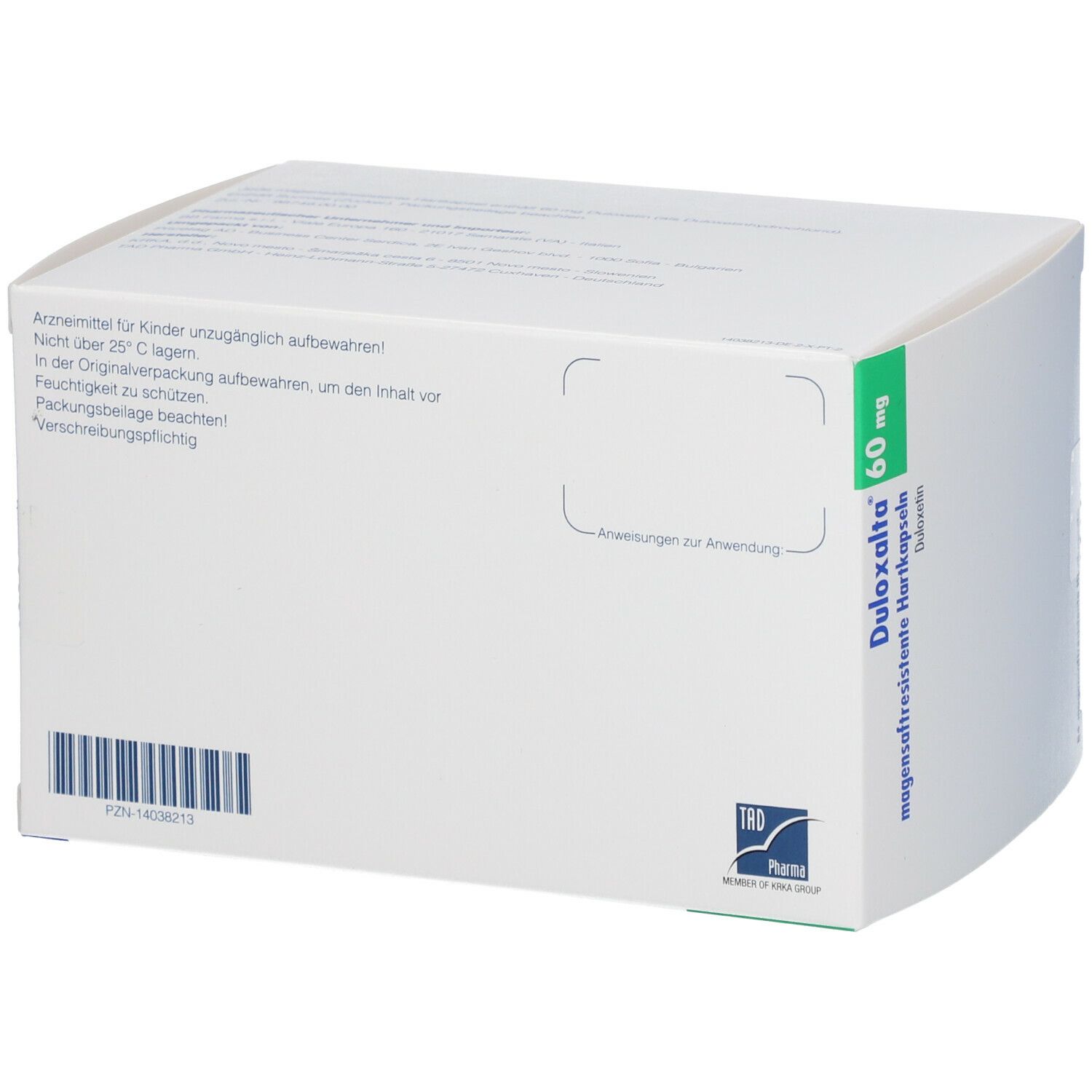 Weiße Schachtel, Rückansicht. Aufdruck mit Produktinformationen und Barcode. Enthält Warnhinweise und Herstellerlogo.