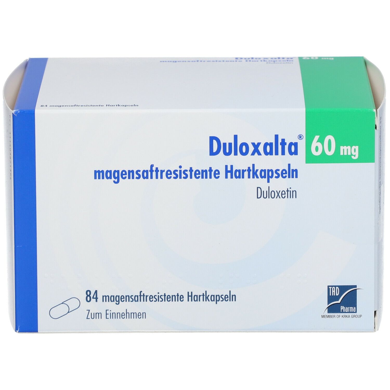 Weiße Schachtel mit blauen und grünen Akzenten. Aufschrift: Duloxalta 60 mg, magensaftresistente Hartkapseln. Enthält 84 Kapseln.